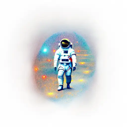 astronaut walking away through space corridor tattoo design idea
