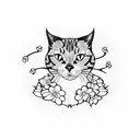 A blackwork tattoo of a cat wearing a traditional Japanese kimono, surrounded by cherry blossom petals. tattoo design idea