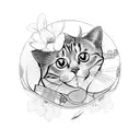 A blackwork tattoo of a cat wearing a traditional Japanese kimono, surrounded by cherry blossom petals. tattoo design idea
