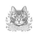 A blackwork tattoo of a cat wearing a traditional Japanese kimono, surrounded by cherry blossom petals. tattoo design idea