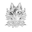 A blackwork tattoo of a cat wearing a traditional Japanese kimono, surrounded by cherry blossom petals. tattoo design idea