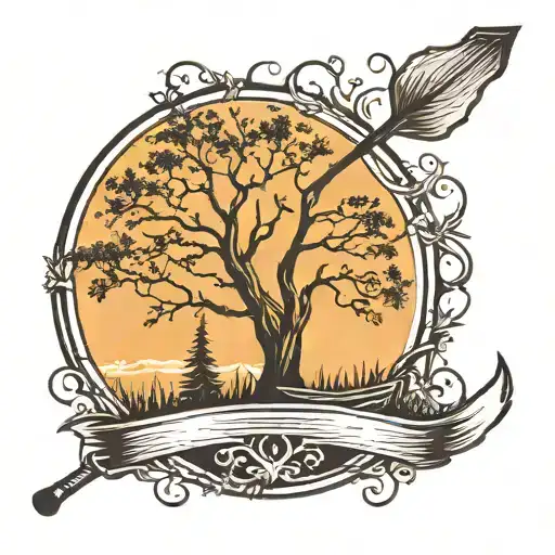 oar and tree silhouette tattoo design idea