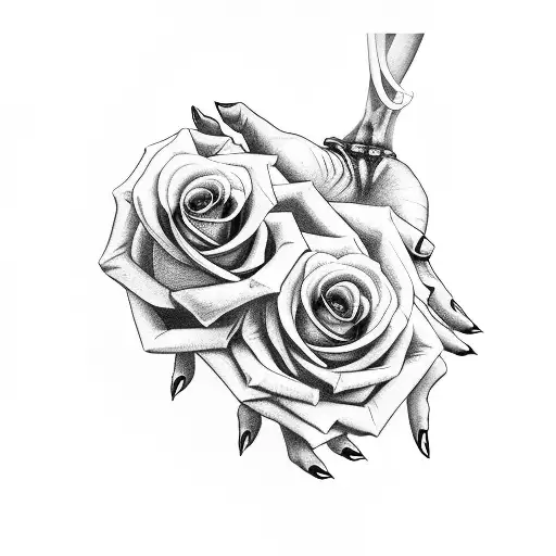 skeleton hand holding flowers tattoo design idea