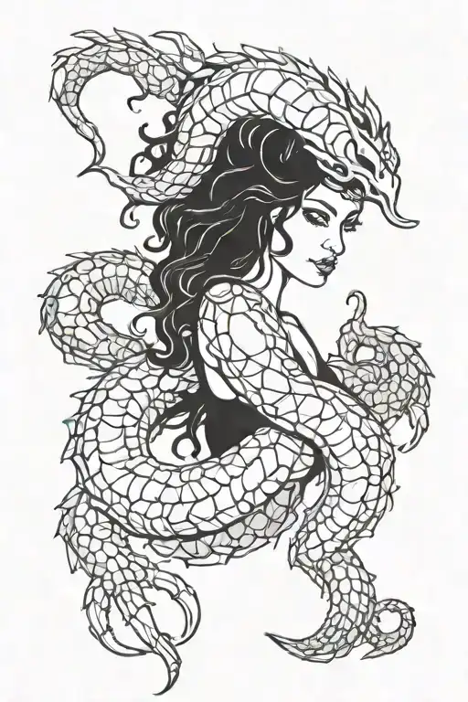 gorgeous, seductive, and mysterious scorpion goddess with wavy hair and white eyes tattoo design idea