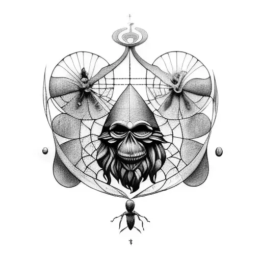 Create a blackwork tattoo combining elements from Tim Burton's movies and Leonardo da Vinci's inventions tattoo design idea