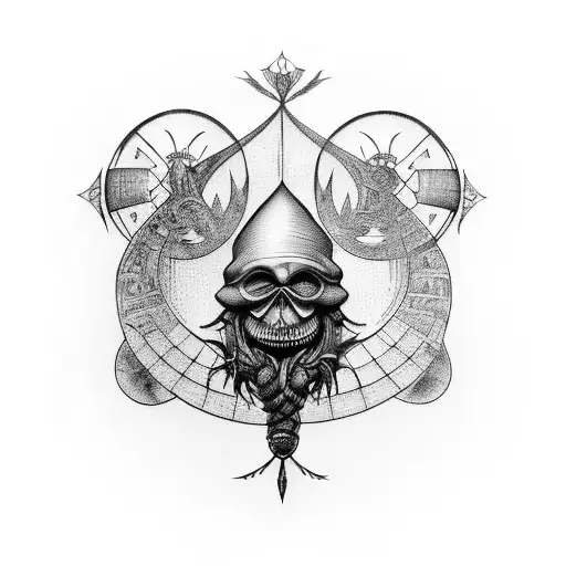 Create a blackwork tattoo combining elements from Tim Burton's movies and Leonardo da Vinci's inventions tattoo design idea