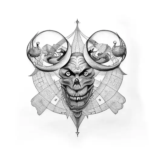 Create a blackwork tattoo combining elements from Tim Burton's movies and Leonardo da Vinci's inventions tattoo design idea