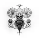 Create a blackwork tattoo combining elements from Tim Burton's movies and Leonardo da Vinci's inventions tattoo design idea