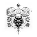 Create a blackwork tattoo combining elements from Tim Burton's movies and Leonardo da Vinci's inventions tattoo design idea