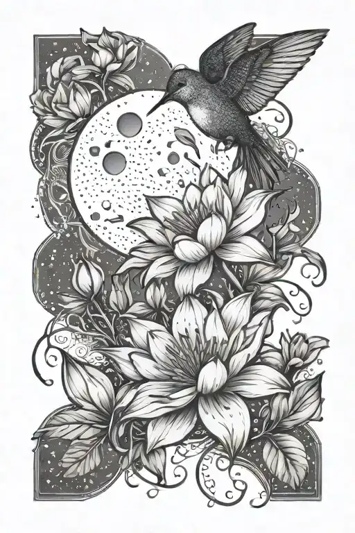 moon and humming bird and lotus flower tattoo design idea
