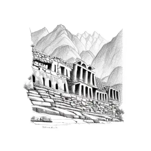 Inca stepped ruins in Pisac Peru tattoo design idea
