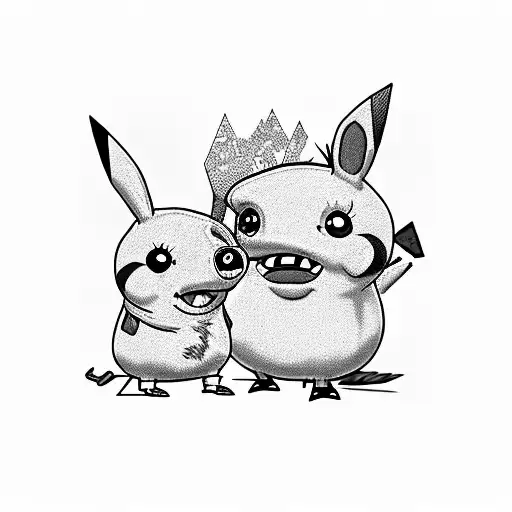 Generate a detailed tattoo-style design featuring a cheerful Pikachu and Peppa Pig holding hands, incorporating elements tattoo design idea