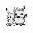 Generate a detailed tattoo-style design featuring a cheerful Pikachu and Peppa Pig holding hands, incorporating elements tattoo design idea