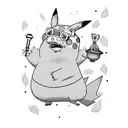 Generate a detailed tattoo-style design featuring a cheerful Pikachu and Peppa Pig holding hands, incorporating elements tattoo design idea