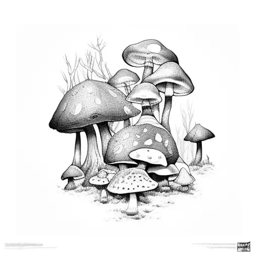 A mystical forest with psychedelic mushrooms growing among the trees, signifying the harmony between nature and psilocybin tattoo design idea