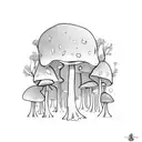 A mystical forest with psychedelic mushrooms growing among the trees, signifying the harmony between nature and psilocybin tattoo design idea