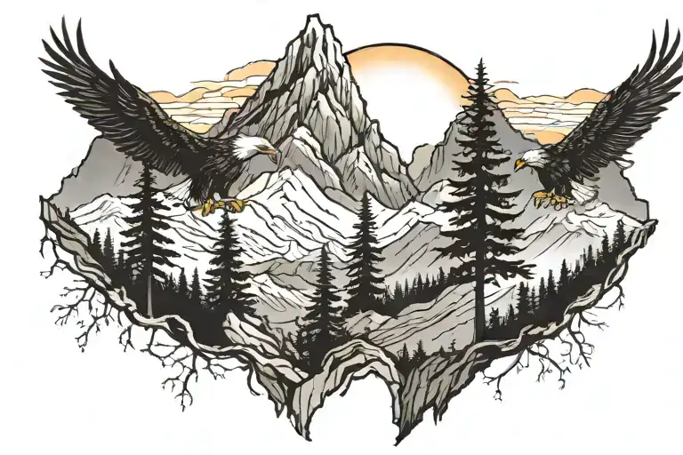 Uneven mountains, 2 trees on each side, eagle silhouetted near summit, black background with shading, gradient at bottom tattoo design idea