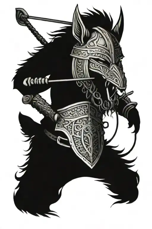 A wolf in a viking helmet fishing in a Scottish loch tattoo design idea