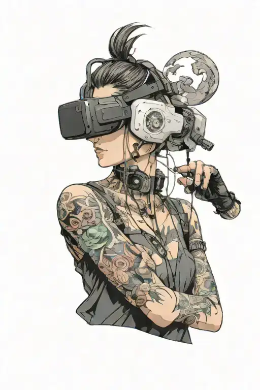 An anime-inspired QA tester examining a virtual reality world tattoo design idea