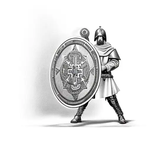 Christian soldier with a big shield that says "2nd Corinthians 12:10" tattoo design idea