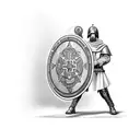 Christian soldier with a big shield that says "2nd Corinthians 12:10" tattoo design idea