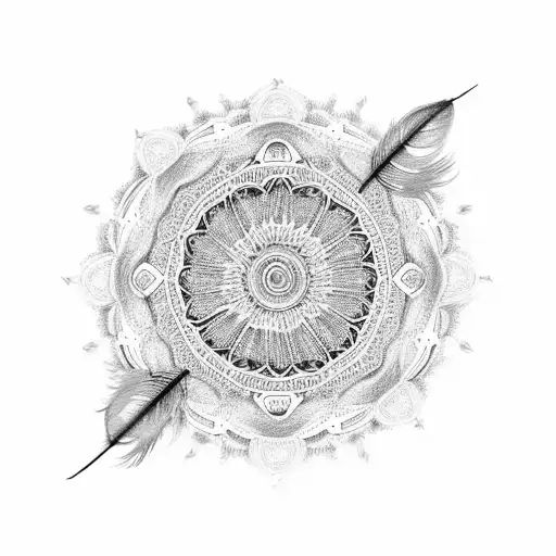An intricate feather mandala incorporating feathers from ducks tattoo design idea