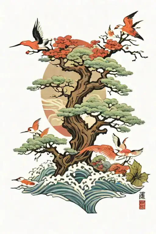 Japanese autumn tree surrounded by red crowed cranes and ocean waves tattoo design idea