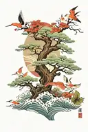 Japanese autumn tree surrounded by red crowed cranes and ocean waves tattoo design idea