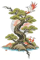 Japanese autumn tree surrounded by red crowed cranes and ocean waves tattoo design idea