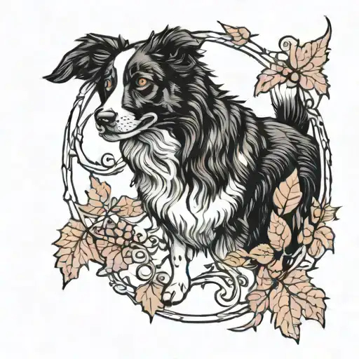 border collie stood in autumn leaves wearing a red bow. howling at a crescent moon. in a frame of a corn snake tattoo design idea