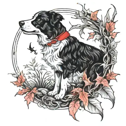 border collie stood in autumn leaves wearing a red bow. howling at a crescent moon. in a frame made of a corn snake tattoo design idea