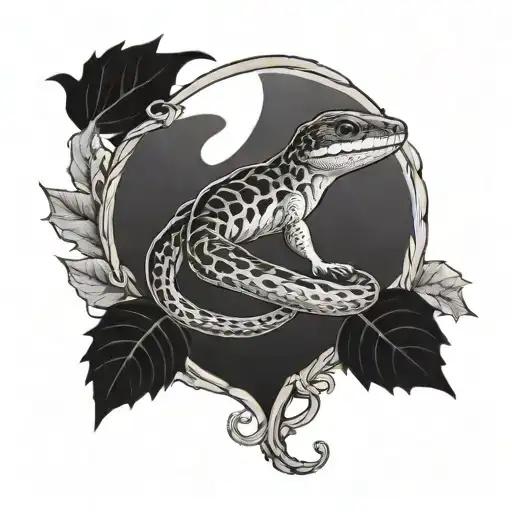 corn snake as photo frame. inside a border collie. in top corner a crescent moon with autumn leaves falling to ground.  tattoo design idea