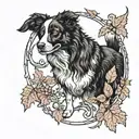 border collie stood in autumn leaves wearing a red bow. howling at a crescent moon. in a frame of a corn snake tattoo design idea