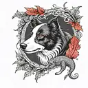 border collie stood in autumn leaves wearing a red bow. howling at a crescent moon. in a frame of a corn snake tattoo design idea