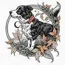 border collie stood in autumn leaves wearing a red bow. howling at a crescent moon. in a frame of a corn snake tattoo design idea