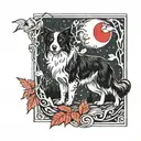 border collie stood in autumn leaves wearing a red bow. howling at a crescent moon. in a frame of a corn snake tattoo design idea