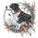border collie stood in autumn leaves wearing a red bow. howling at a crescent moon. in a frame made of a corn snake tattoo design idea