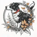 border collie stood in autumn leaves wearing a red bow. howling at a crescent moon. in a frame made of a corn snake tattoo design idea