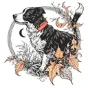 border collie stood in autumn leaves wearing a red bow. howling at a crescent moon. in a frame made of a corn snake tattoo design idea