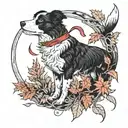 border collie stood in autumn leaves wearing a red bow. howling at a crescent moon. in a frame made of a corn snake tattoo design idea