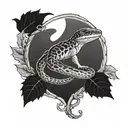 corn snake as photo frame. inside a border collie. in top corner a crescent moon with autumn leaves falling to ground.  tattoo design idea