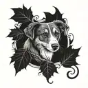 corn snake as photo frame. inside a border collie. in top corner a crescent moon with autumn leaves falling to ground.  tattoo design idea