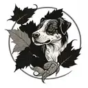 corn snake as photo frame. inside a border collie. in top corner a crescent moon with autumn leaves falling to ground.  tattoo design idea