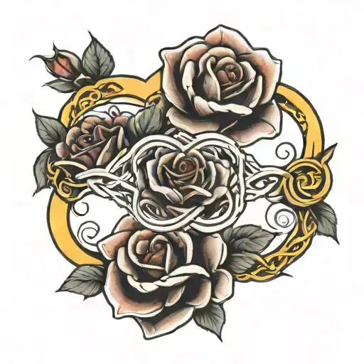 infinity symbol intertwined with a red rose, a yellow rose and four hearts tattoo design idea