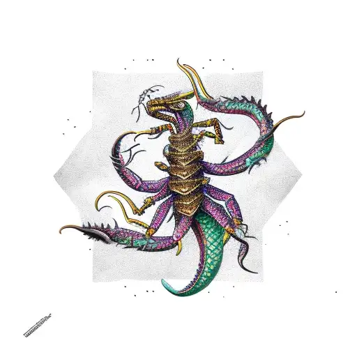scorpion star sign, dragon wrapped up with music notes,  tattoo design idea
