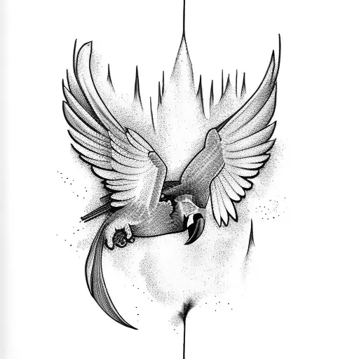 Colorful macaws flying over a waterfall in a sketch style tattoo design idea