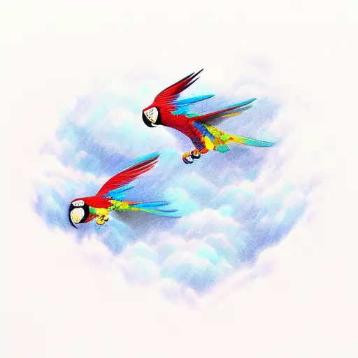Colorful macaws flying over a waterfall in a sketch style tattoo design idea