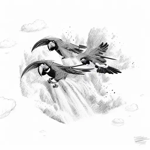 Colorful macaws flying over a waterfall in a sketch style tattoo design idea