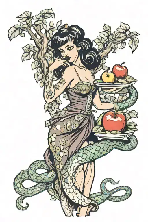 pin up girl standing holding an Apple, snake wrapping around her body in front of tree of knowledge  tattoo design idea