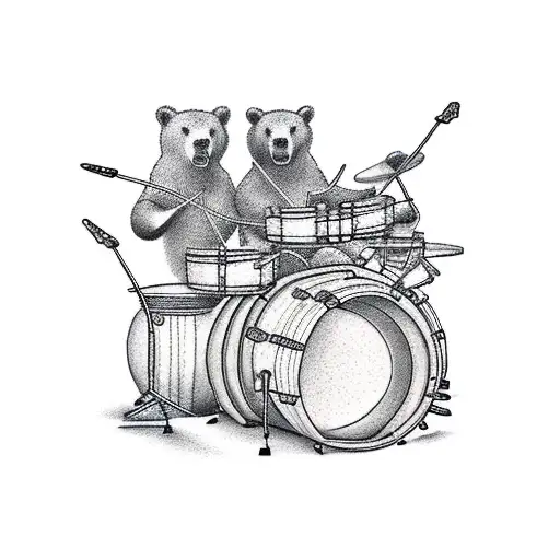 3 Bears playing drums around campfire tattoo design idea